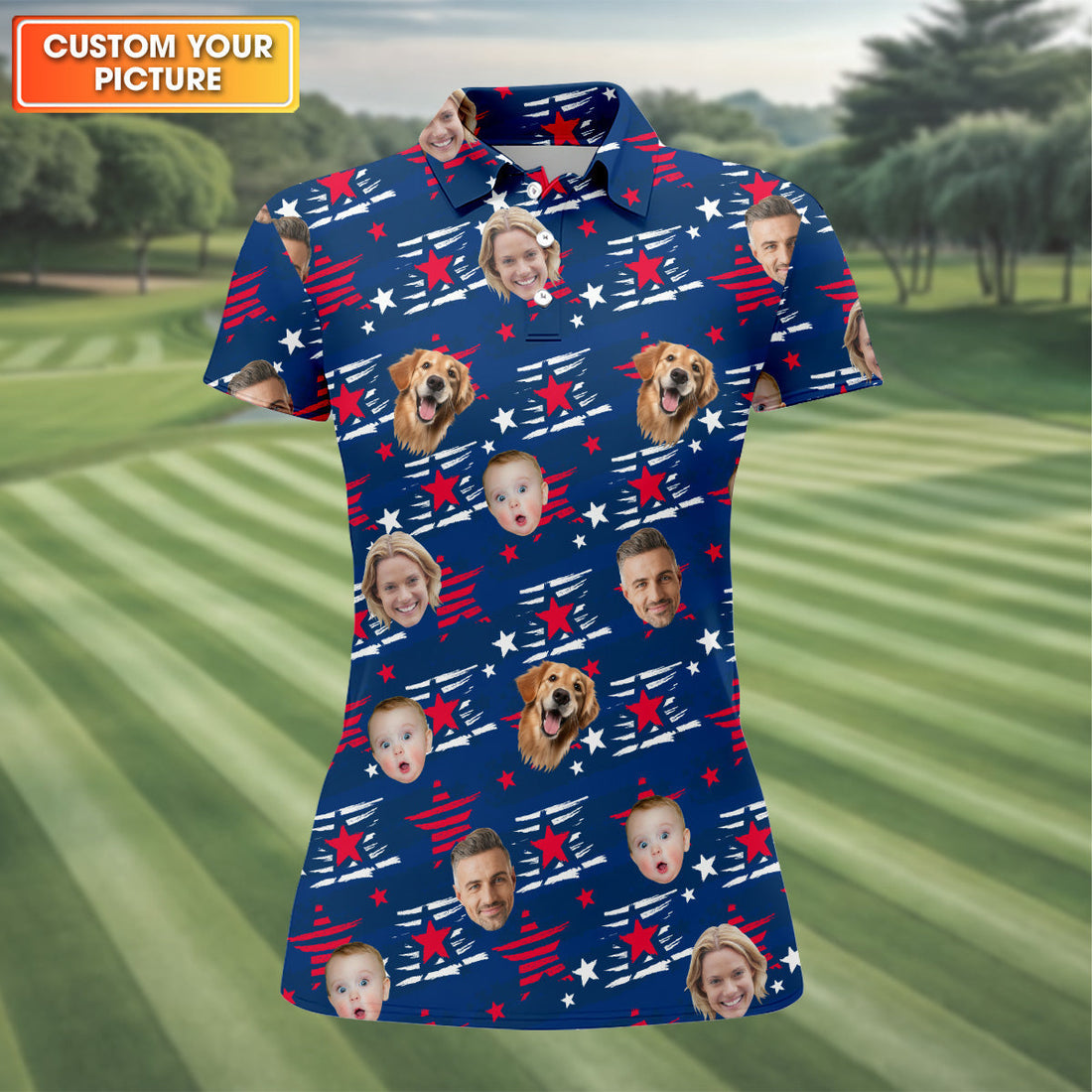 Custom Pet Portrait, America Flag Golf Shirt For Ladies, Women's Golf Polo ShirtPatriotic Golf Shirt
