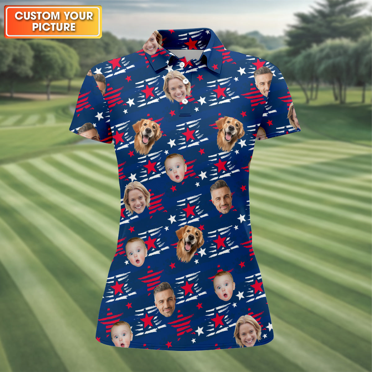 Custom Pet Portrait, America Flag Golf Shirt For Ladies, Women's Golf Polo ShirtPatriotic Golf Shirt