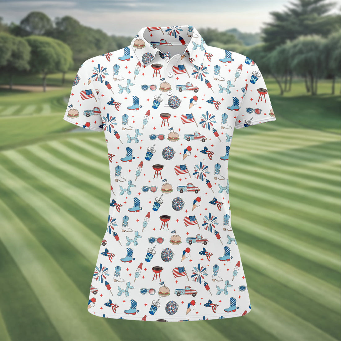 Red White and Blue Womens Golf Polo Shirt, Women's 4th Of July Shirts, America 250 Anniversary Shirt, Ladies Golf Shirt