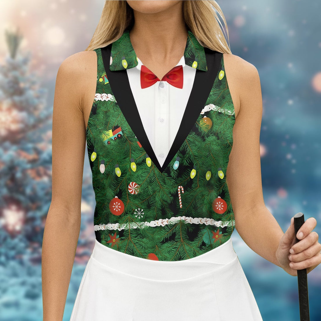 Christmas Tree Needles Green Festive Women Golf Top, Christmas Golf Shirt, Ladies Golf Tops