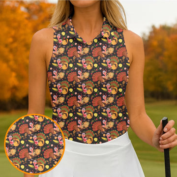 Turkey Pumpkin Thanksgiving Holiday Black And Brown Ladies Golf Tops, Women Golf Top, Golf Gift For Ladies