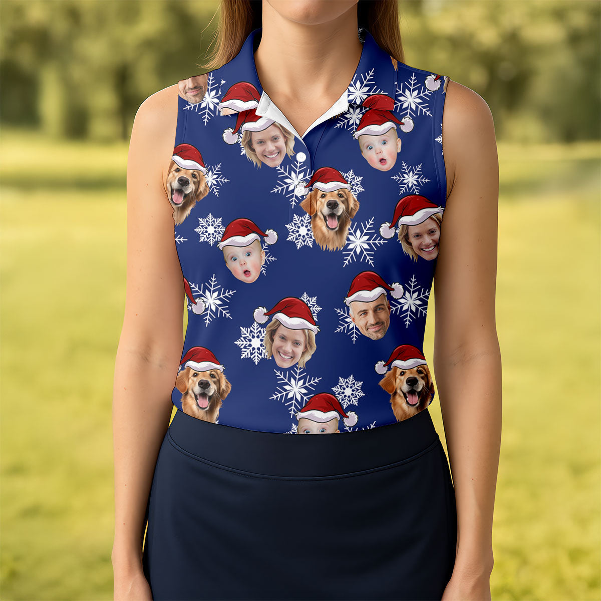 Custom Face Navy Christmas Women's Golf Tops, Ladies Golf Shirts, Christmas Golf Gift