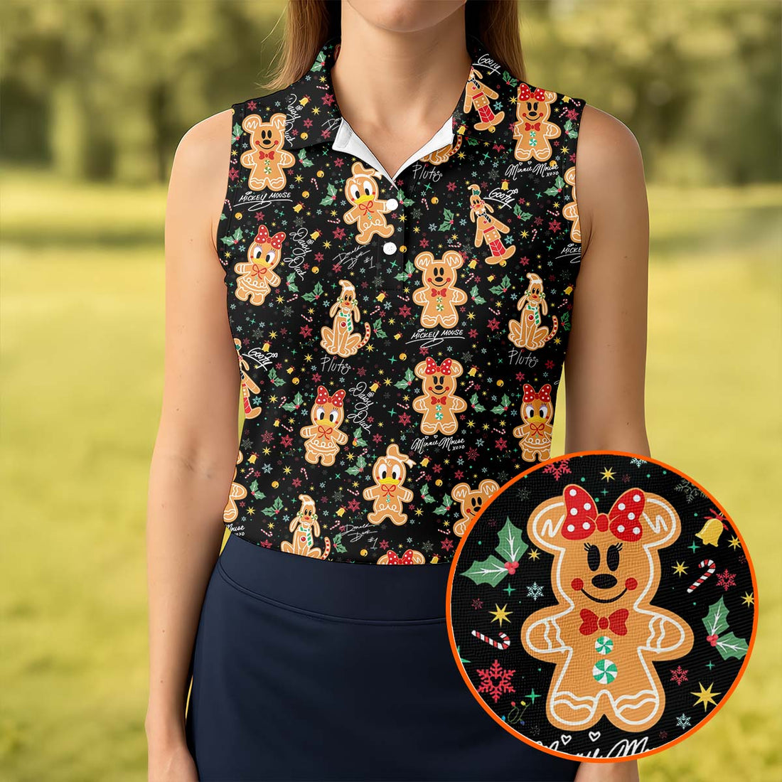 Cute Gingerbread Classic Cartoon Characters Christmas Golf Shirt, Black Golf Shirt, Women's Golf Tops