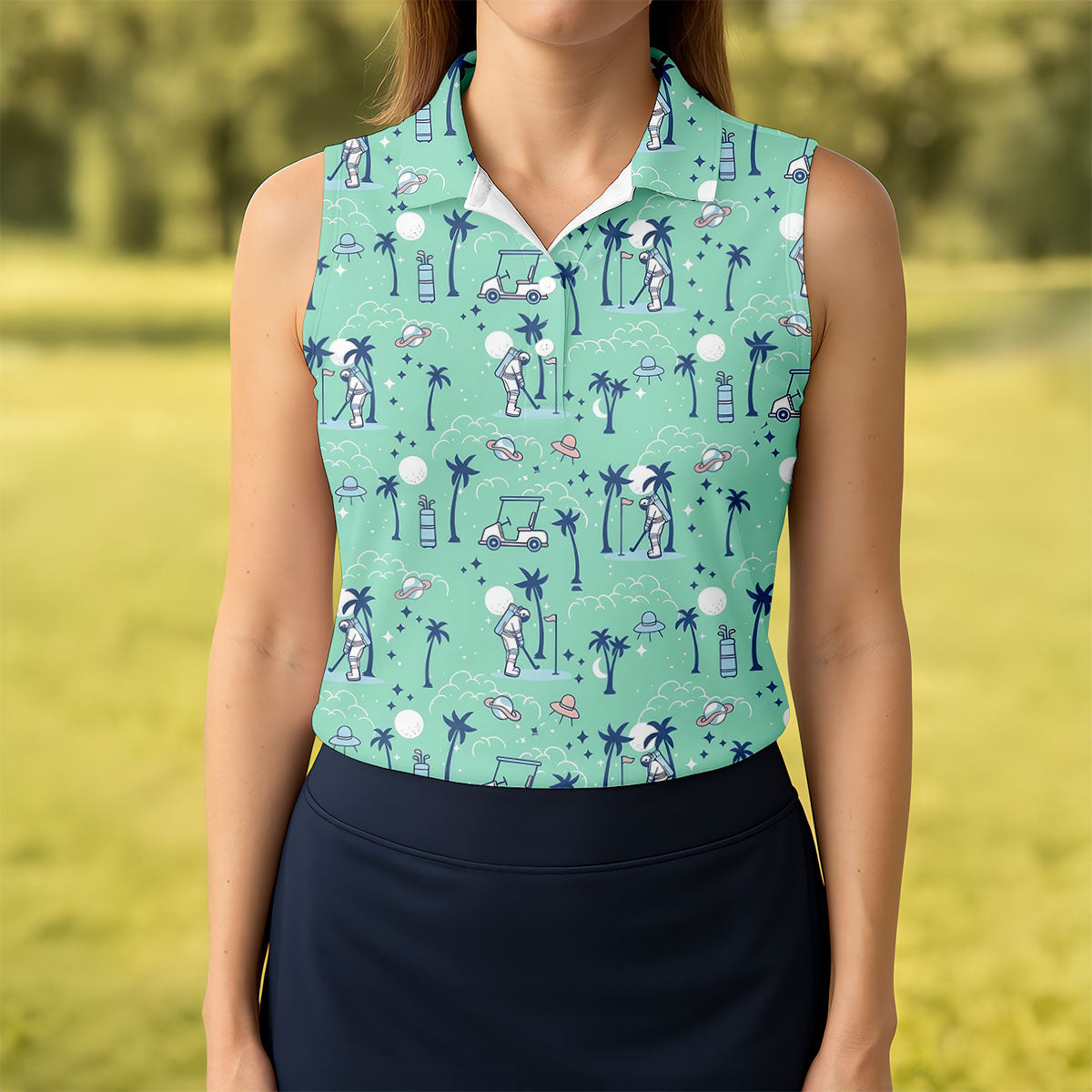 Astronaut Golfing Space Themed Tropical Golf Shirt, Women's Golf Tops, Ladies Golf Shirt