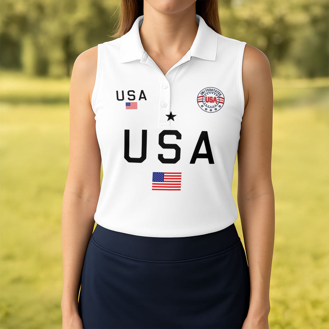 USA Flag Print 250 Years Anniversary 1776-2026 White Golf Shirt, Patriotic 4th Of July Golf Shirt For Women
