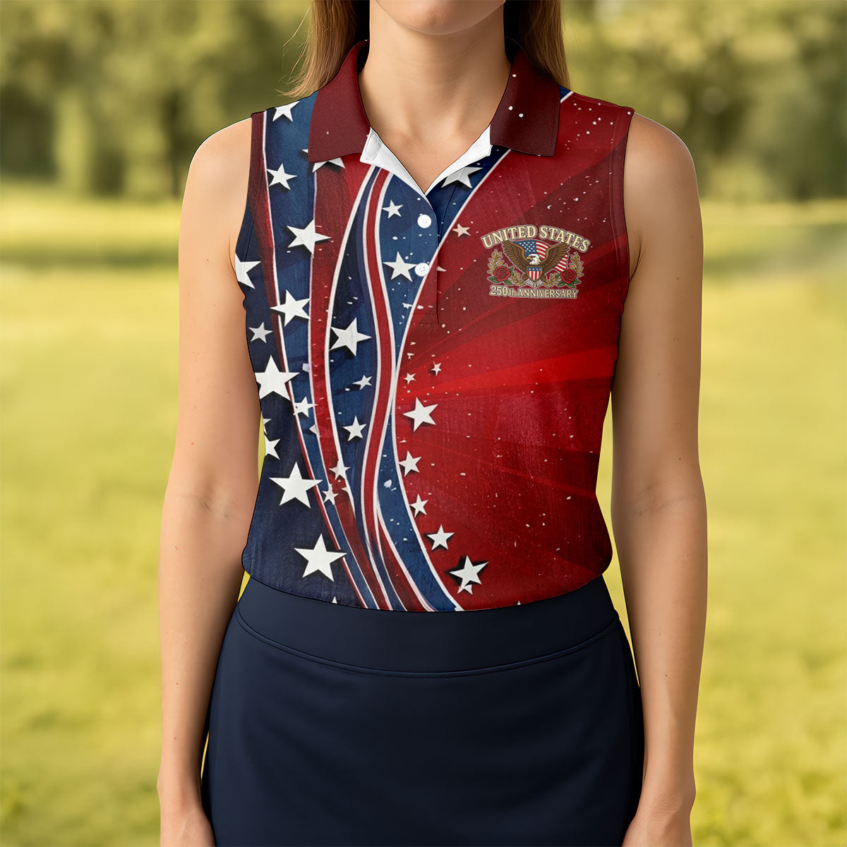 US 250th Anniversary Red White Navy Stars And Stripes Patriotic Golf Shirt, 4th Of July Golf Shirt For Women