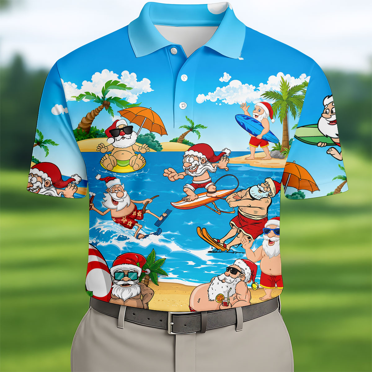 Santa Claus Summer Beach Party Golf Shirt, Mens Golf Polo, Printed Golf Shirts