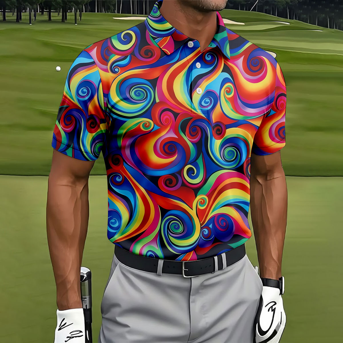 Colorful Rainbow Swirl Abstract Golf Shirt, Men's Golf Shirt, Golf Polo Shirts For Men, Men's Golf Apparel
