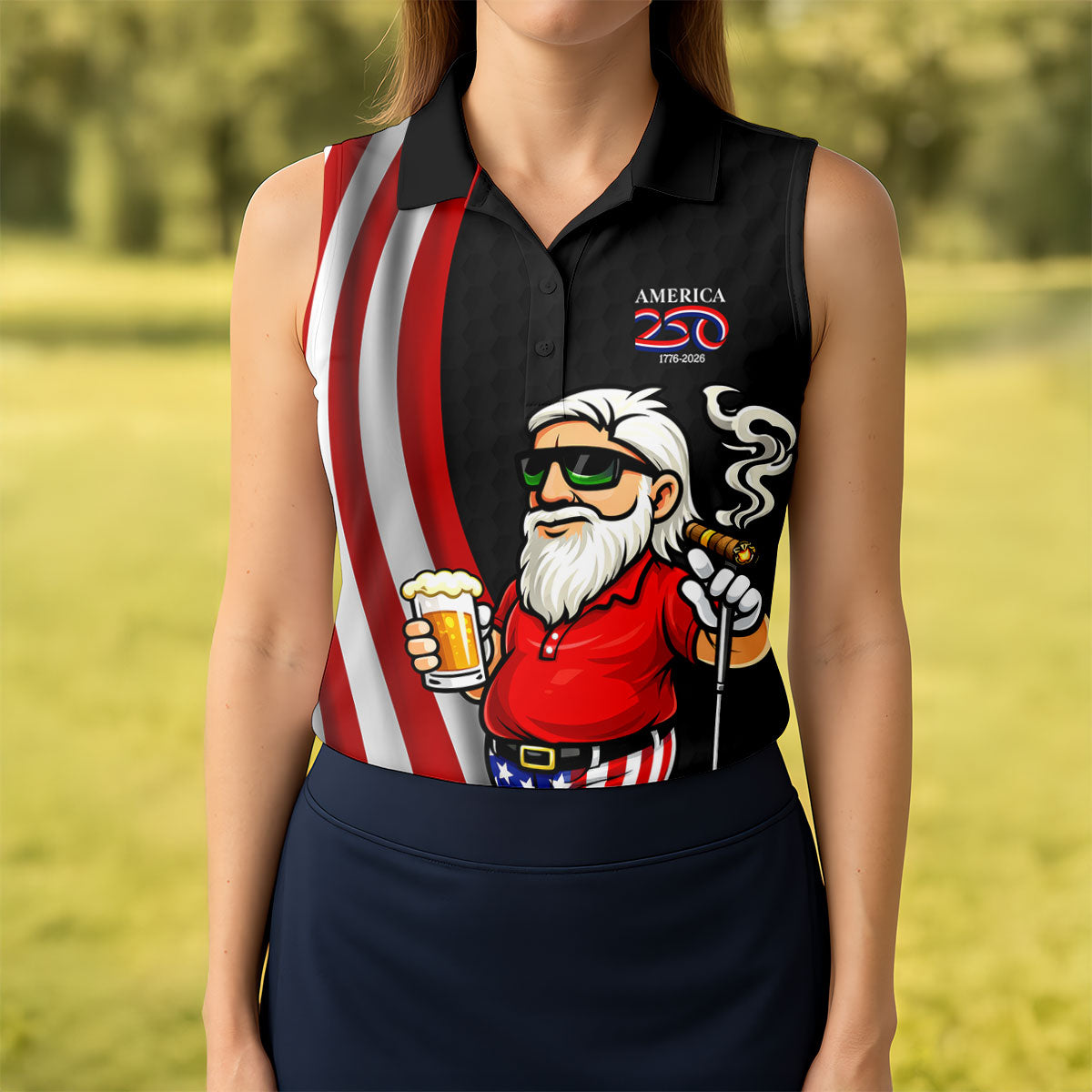 America 250 Patriotic Man 4th Of July Black Golf Shirt, Golf And Beer Women's Golf Tops