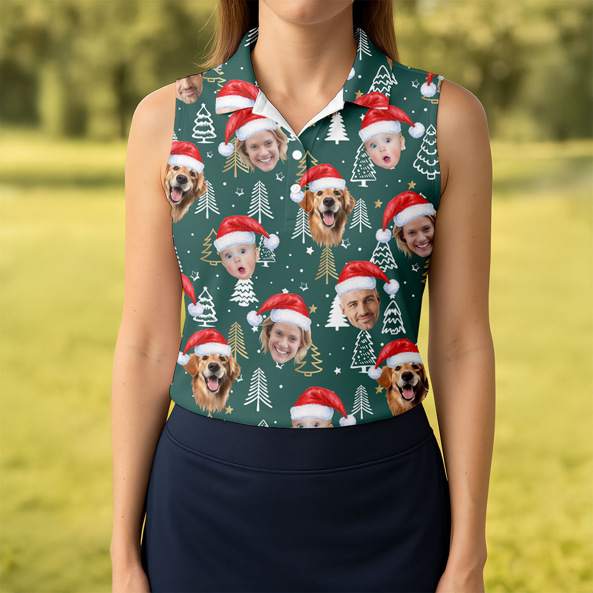 Custom Face Pine Tree Pattern Dark Green Christmas Golf Shirt, Ladies Golf Shirts, Golf Gifts For Women