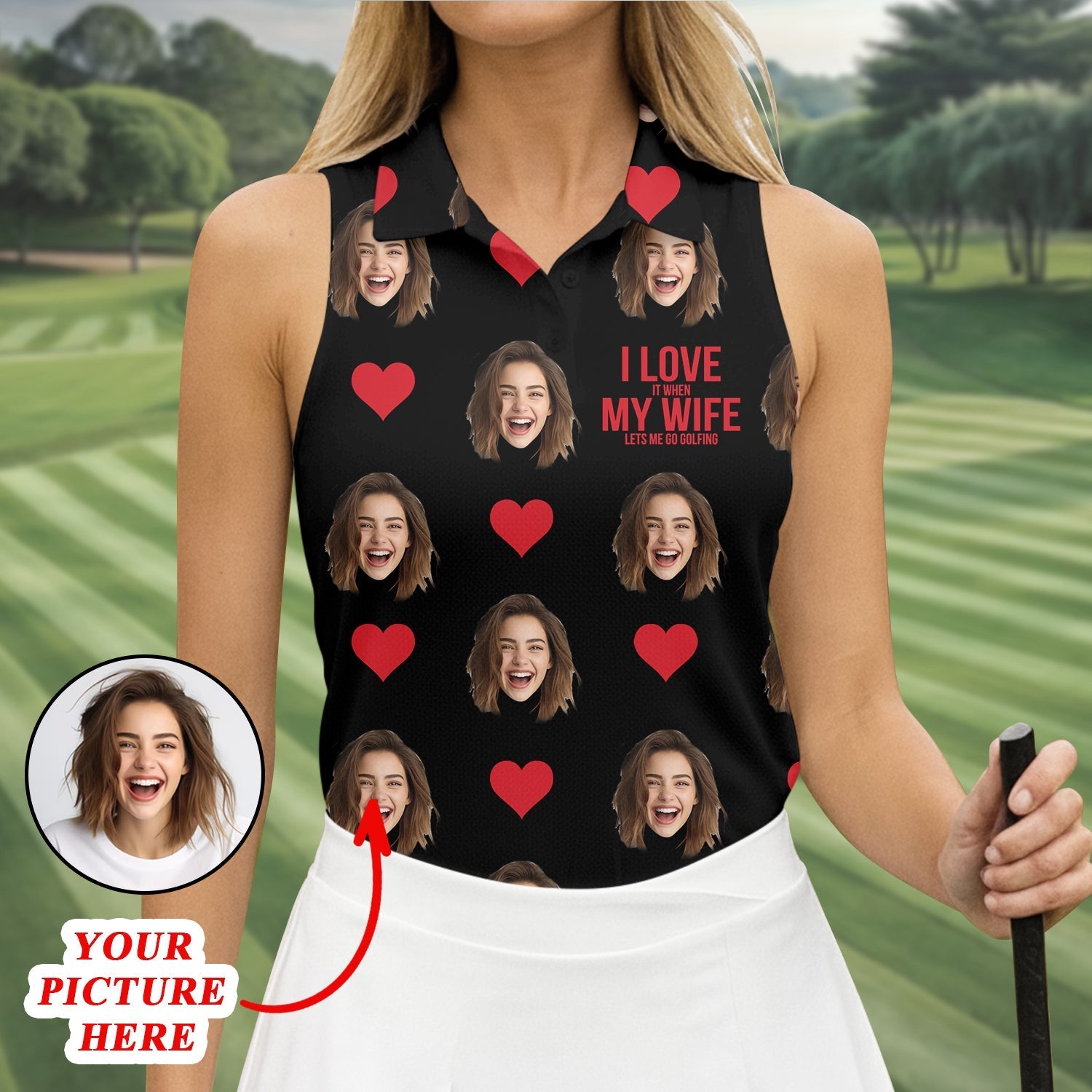 I Love My Wife Custom Photo Black Golf Shirt, Valentines Golf Gift, Women Golf Top, Ladies Golf Polos