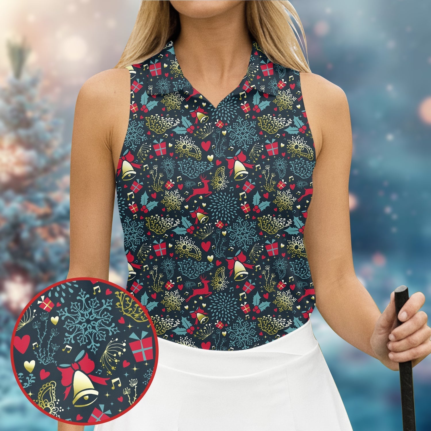 Christmas Reindeer Xmas Themed Women Golf Top, Christmas Golf Shirt, Ladies Golf Tops