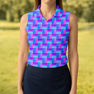 Purple Blue Gradient Checkered Pattern Golf Shirt, Ladies Golf Shirts, Women’s Golf Apparel, Printed Golf Shirt
