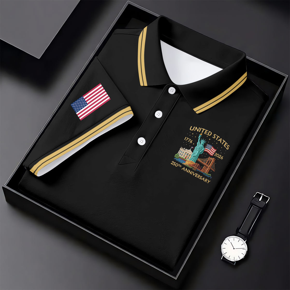 American Symbols Black Patriotic Golf Shirt, US 250 Years 4th Of July Golf Shirts For Men