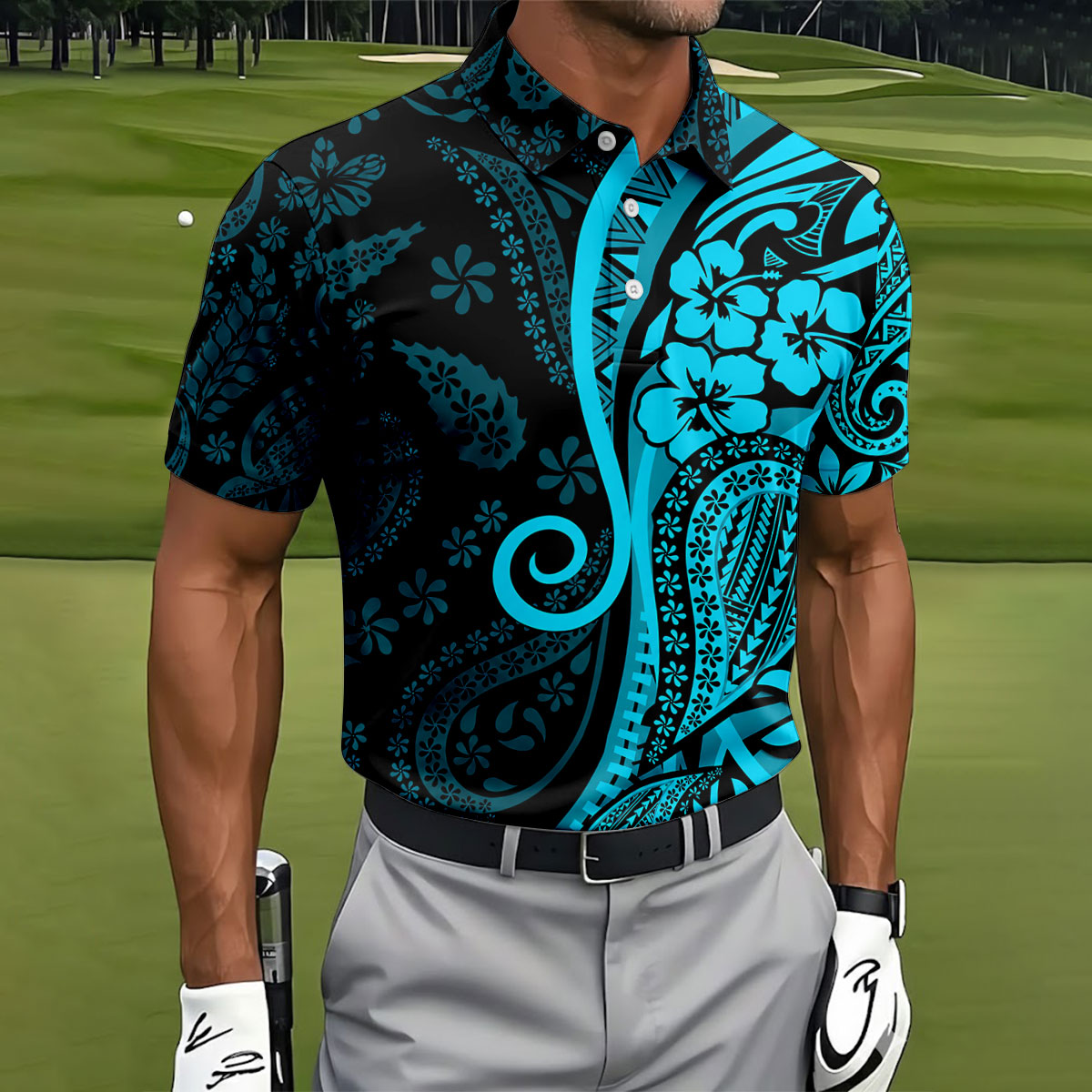 Island Tribal Golf Shirt, Blue Hawaiian Hibiscus Polo, Polo Shirts For Men