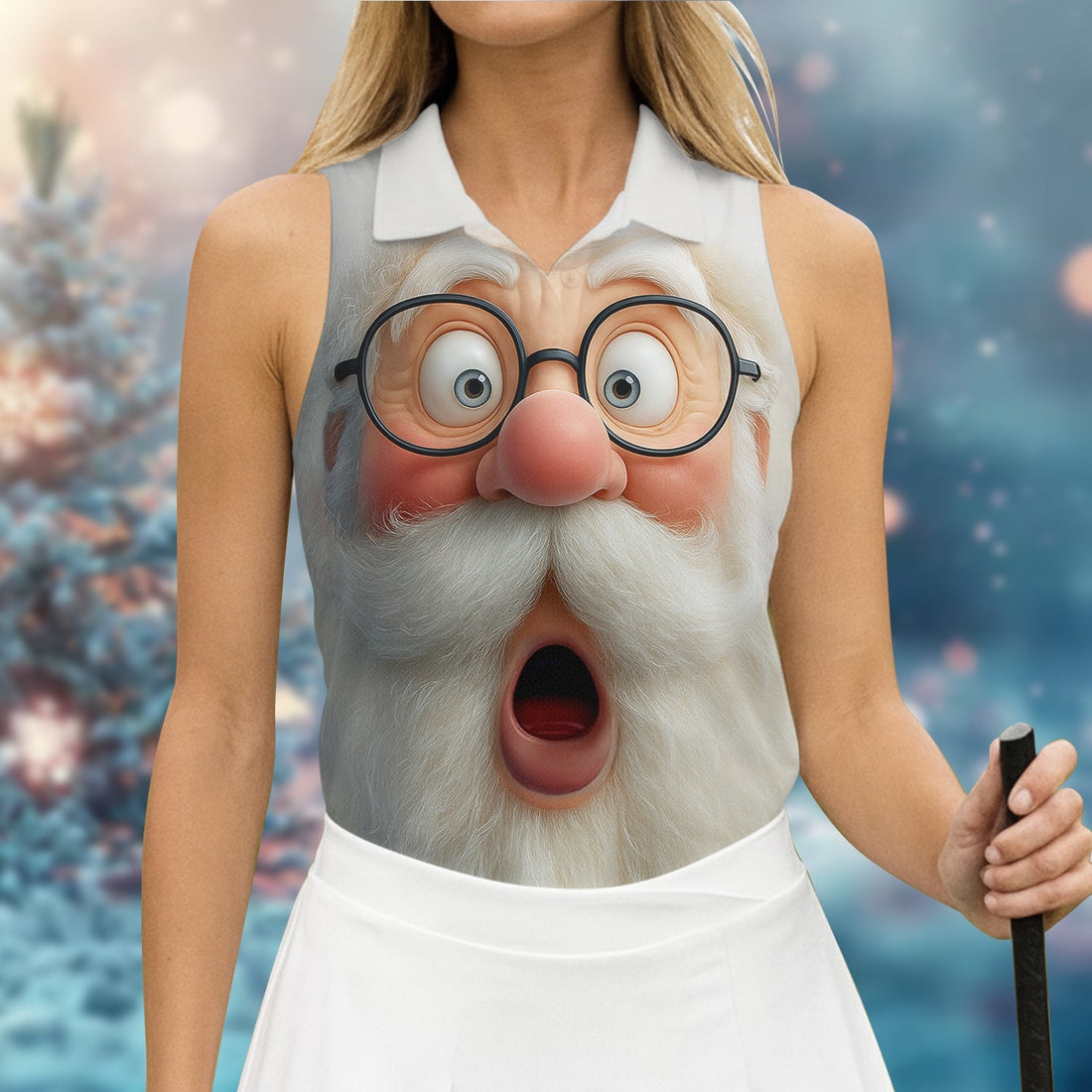 Surprised Funny Santa Claus Face Women Golf Top, Christmas Golf Shirt, Ladies Golf Tops