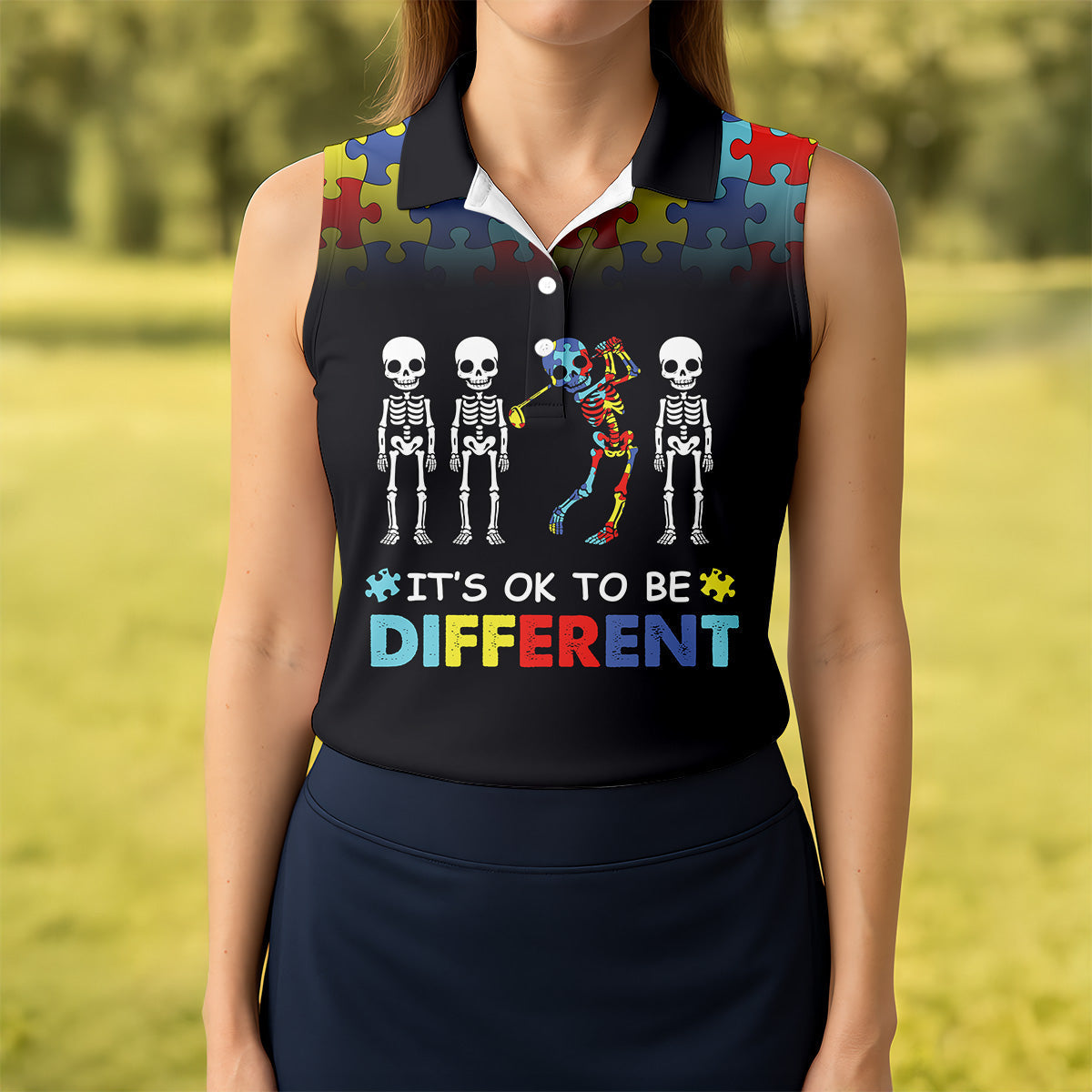 It's Ok To Be Different Women Polo Shirt, Autism Awareness Puzzle Pattern Black Fade Golf Shirts For Women, Autism Golf Shirt