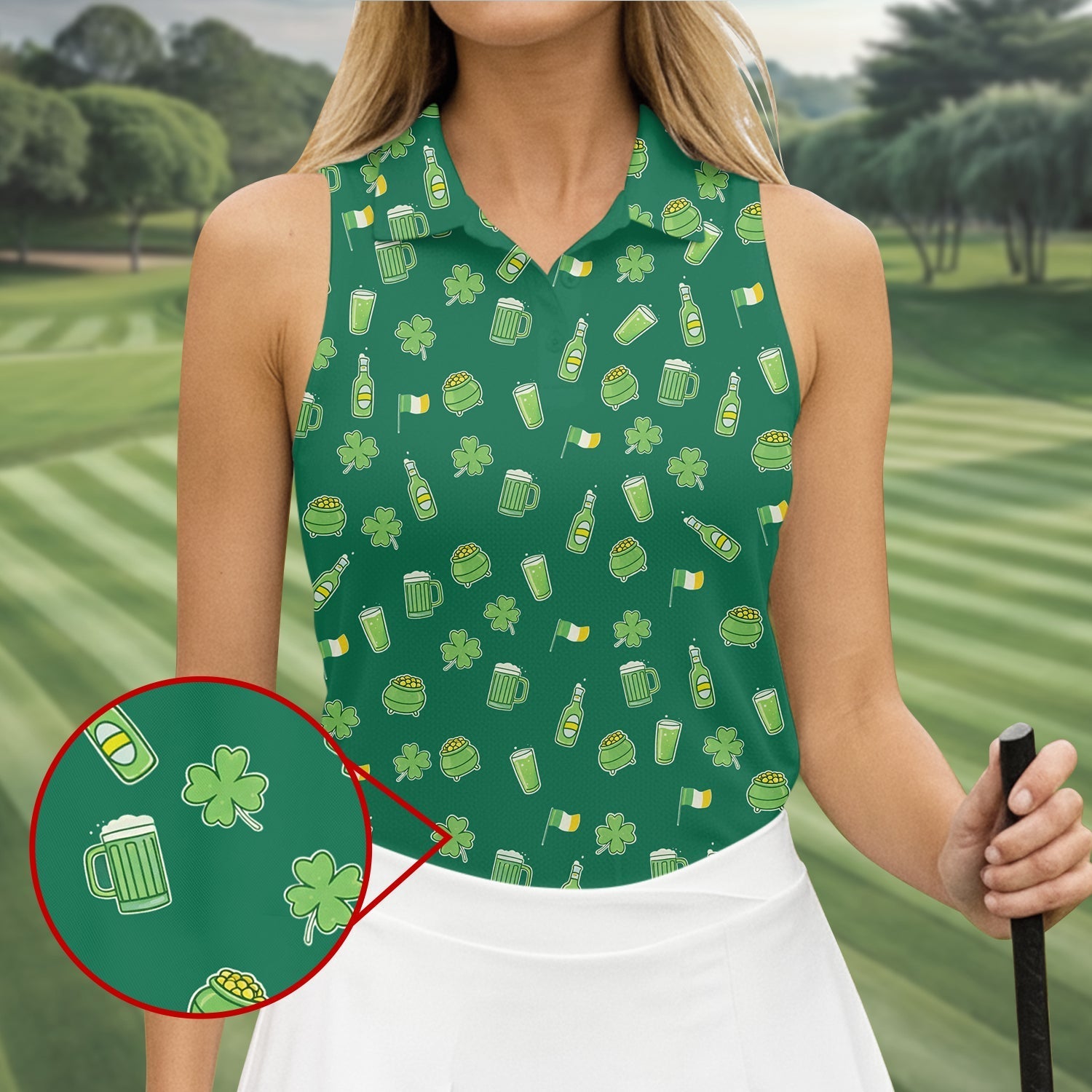 St Patrick's Day Beer Four Leaf Clovers Gold Pots Green Golf Shirt, Women's Golf Tops, Ladies Golf Polos