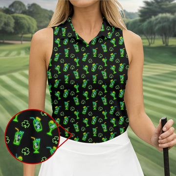 Neon Green Cocktails Three Leaf Clover St Patrick's Day Golf Shirt, Women's Golf Tops, Ladies Golf Shirts