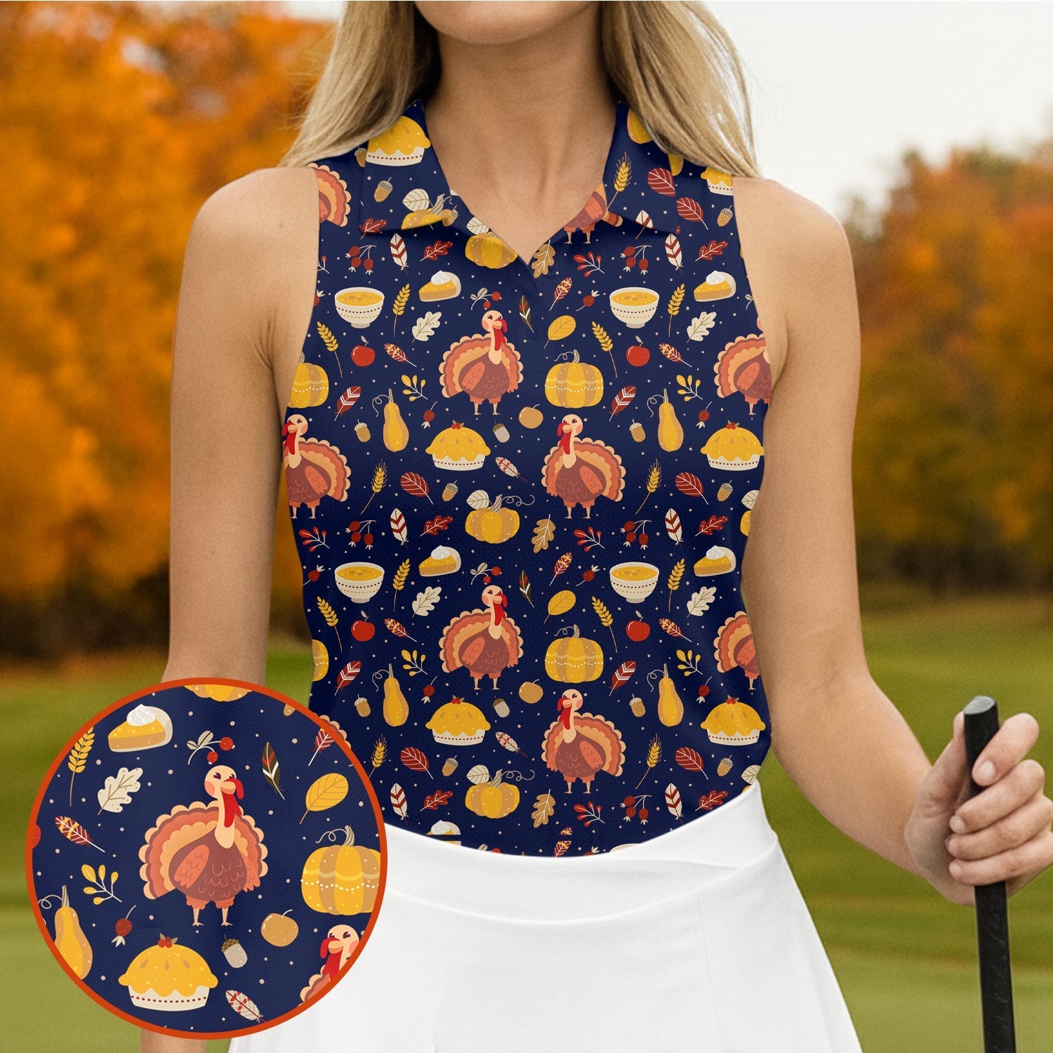 Turkey Pumpkin Thanksgiving Funny Golf Shirts Women, Cute Golf Outfit, Ladies Golf Shirts, Golf Gifts For Women