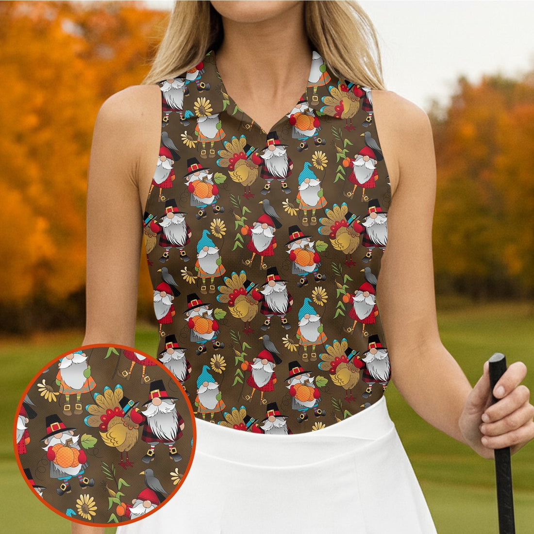 Turkey Gnome Thanksgiving Fun Women's Golf Shirts, Ladies Golf Tops, Golf Shirt For Women, Golfing Apparel