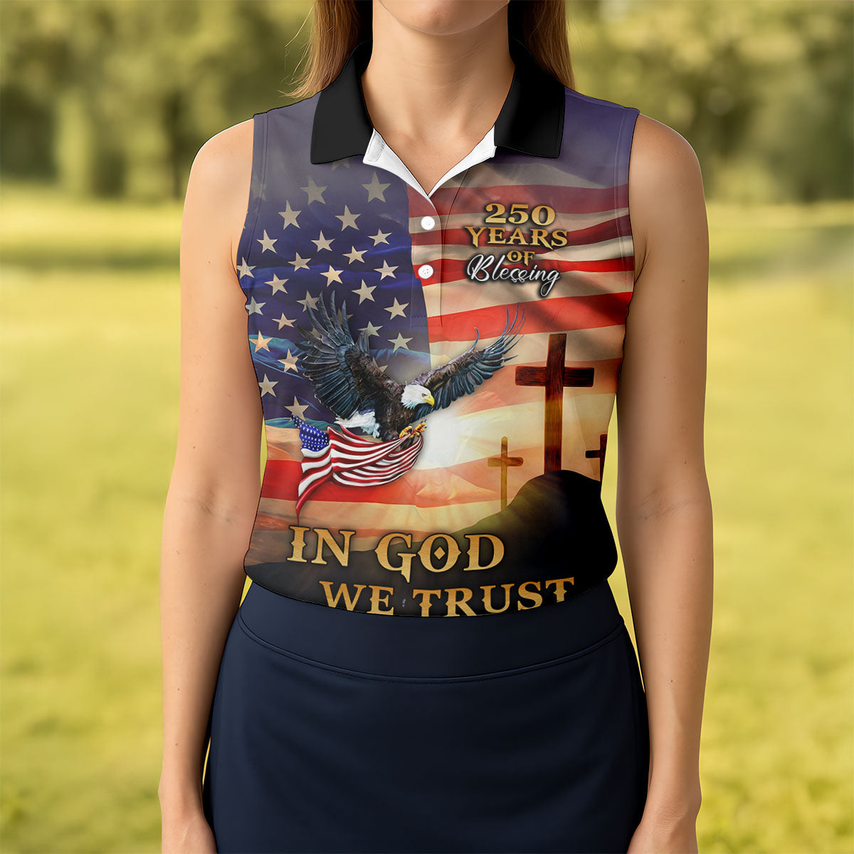 250 Years Of Blessing In God We Trust Faith Cross Patriotic 4th Of July Golf Shirt For Women