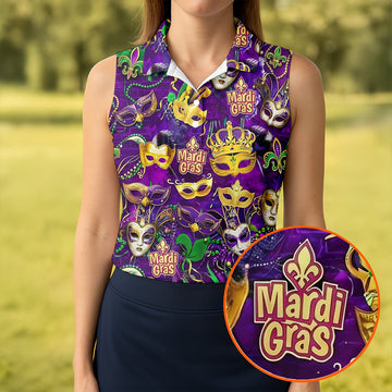 Purple Green Gold Festival Mask Mardi Gras Golf Shirt, Women's Golf Tops, Ladies Golf Polos