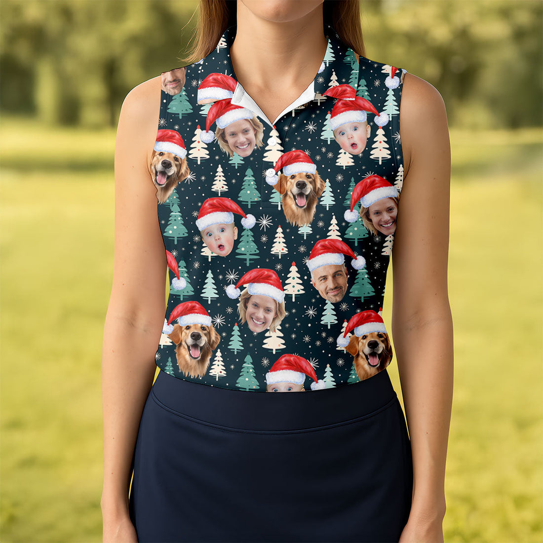 Custom Face Little Pine Tree Snowflake Pattern Christmas Golf Shirt, Women's Golf Tops, Golf Gift For Ladies