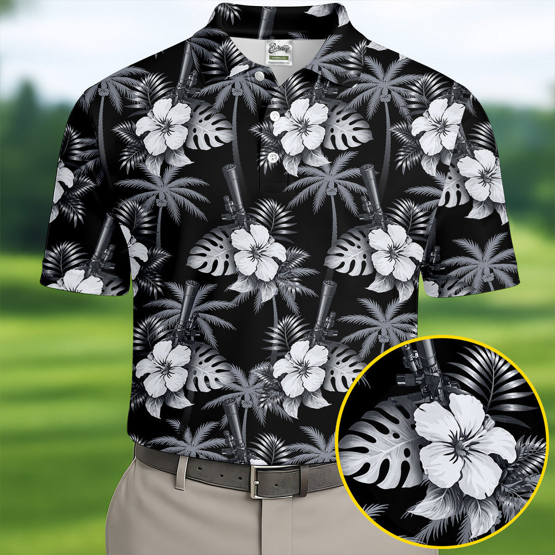 White Hibicus Black Hawaiian Golf Shirt, Tropical Summer Theme Golf Shirts For Men