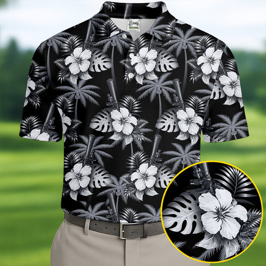 White Hibicus Black Hawaiian Golf Shirt, Tropical Summer Theme Golf Shirts For Men