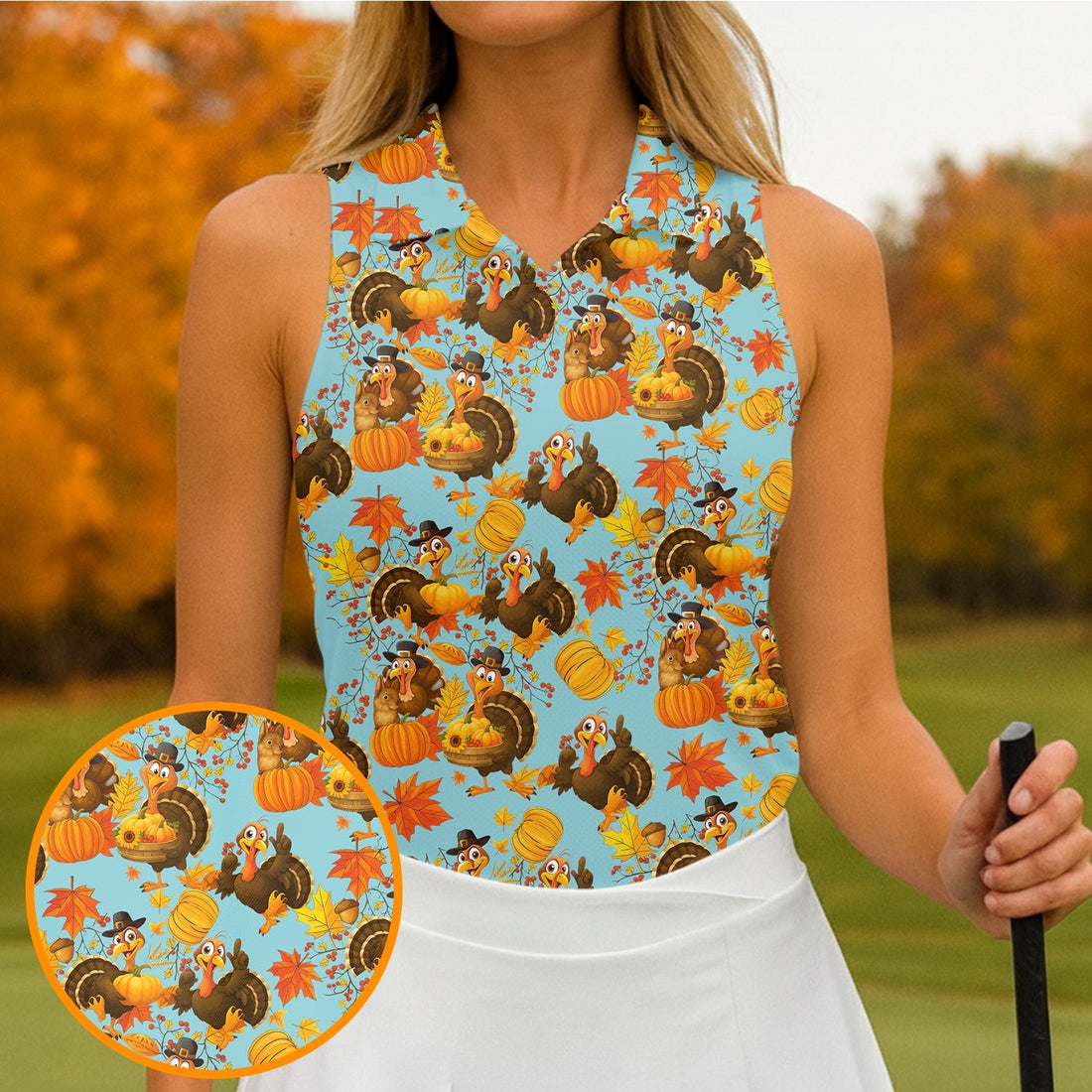 Turkey Pumpkin Thanksgiving Holiday Blue And Orange Ladies Golf Tops, Women Golf Top, Golf Gift For Ladies