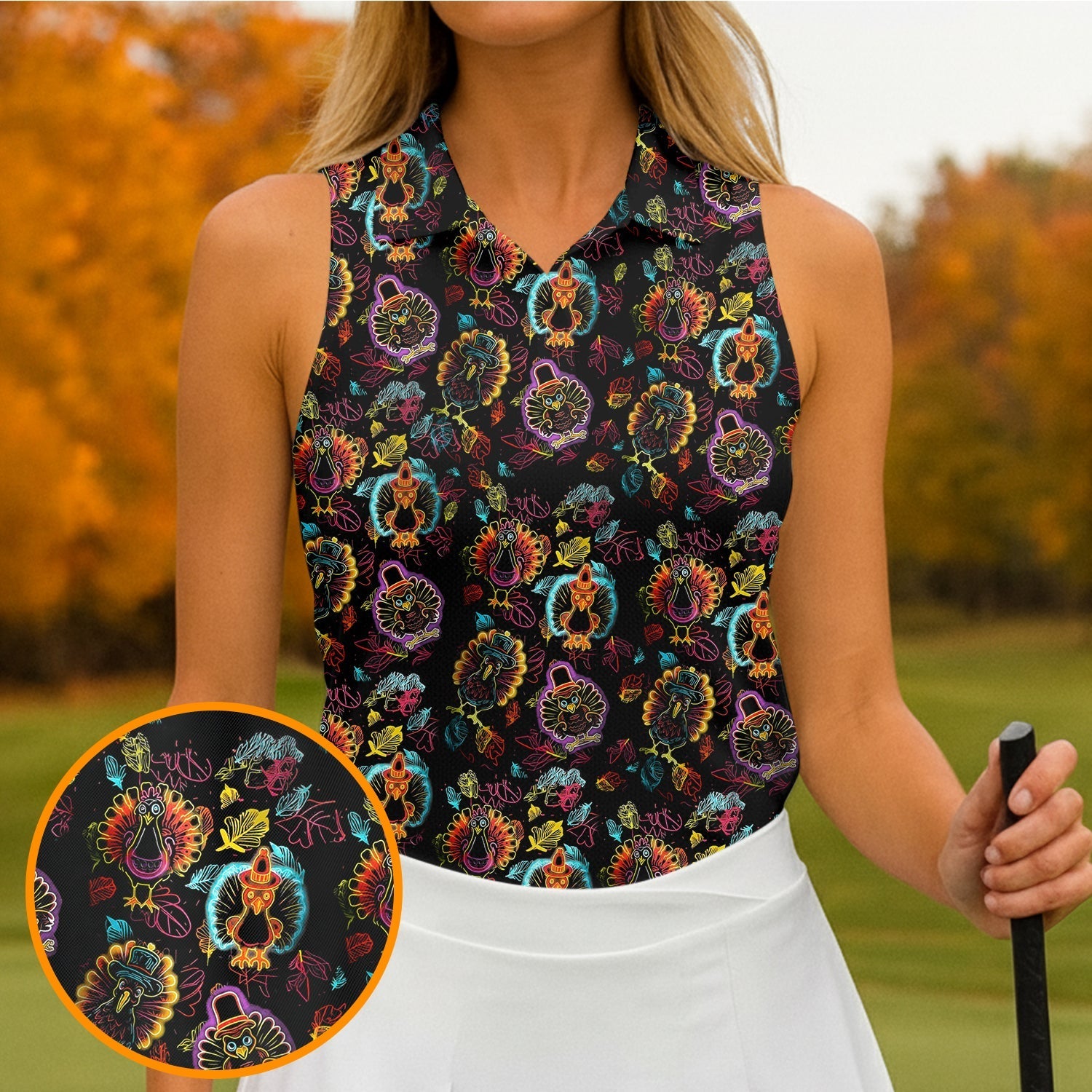 Neon Turkey Thanksgiving Fun Women's Golf Shirts, Women Golf Top, Ladies Golf Polos, Golfing Apparel