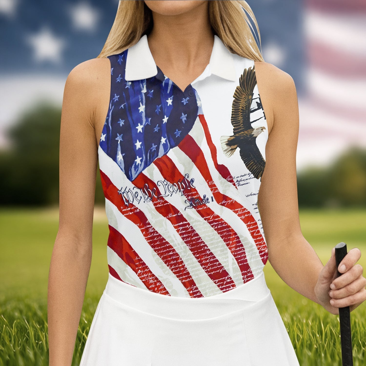 We The People Bald Eagle American Flag Women's Golf Tops, 250th Anniversary Patriotic Golf Shirt