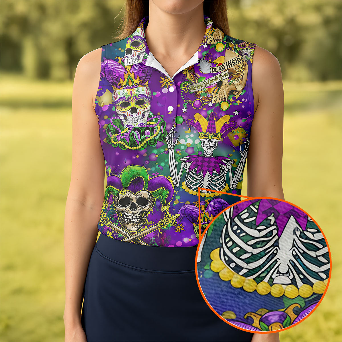 Dead Inside Mardi Gras Festival Skull Purple Green Gold Women's Golf Tops, Ladies Golf Polos