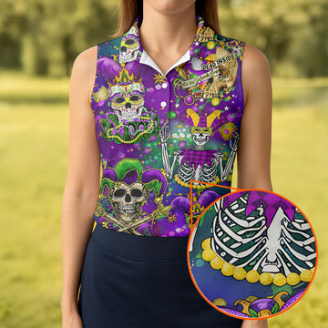 Dead Inside Mardi Gras Festival Skull Purple Green Gold Women's Golf Tops, Ladies Golf Polos