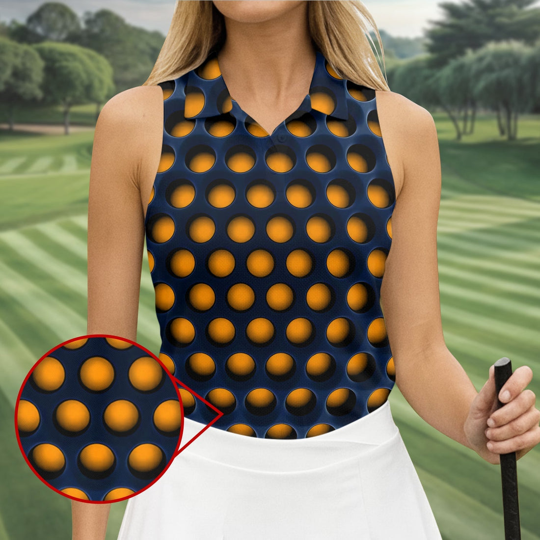 3D Effect Circular Pattern Orange Golf Shirt, Cool Golf Outfit, Women Golf Top, Ladies Golf Shirts