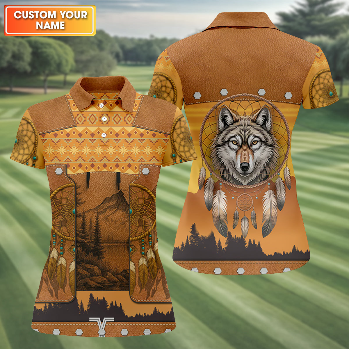 Golden Horizon Tribal Theme Women's Golf Tops, Native American Ancestry Ladies Golf Polos, Indigenous Peoples Month