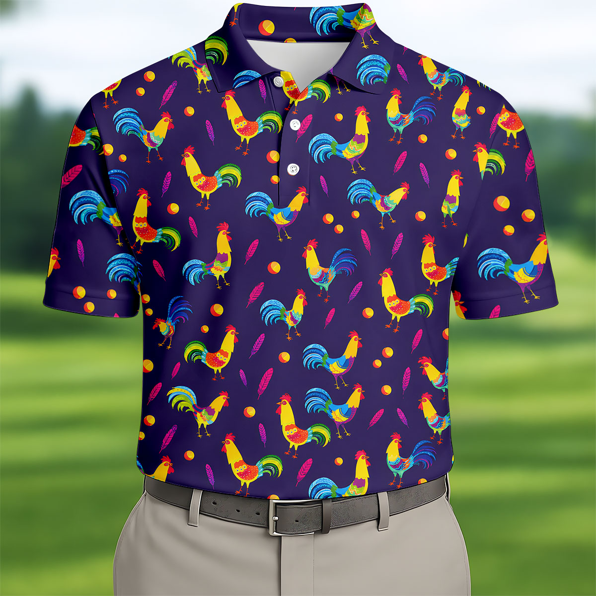 Retro Rooster Golf Shirt, Colorful Country Pattern Polo, Polo Shirts For Men
