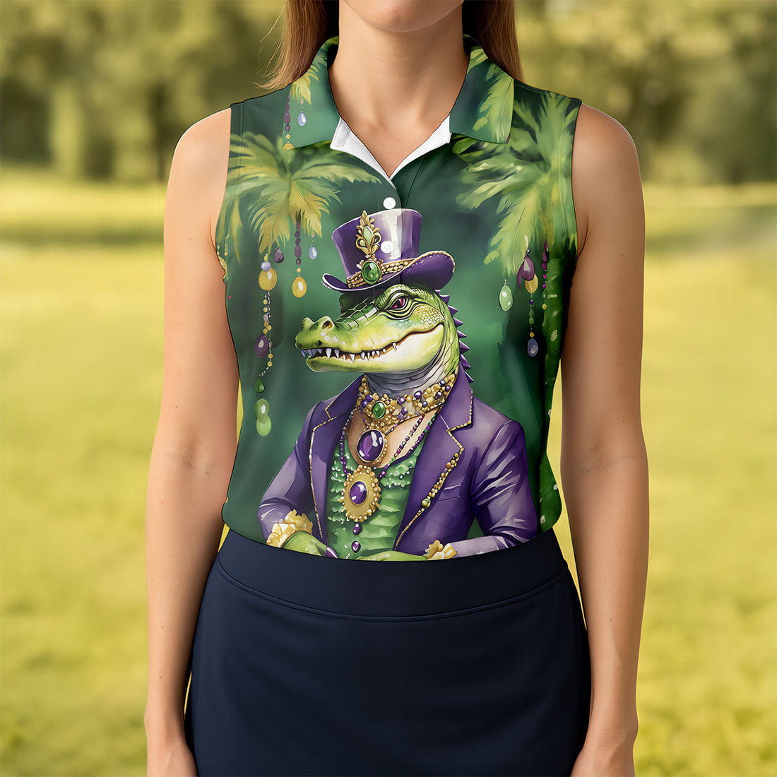 Mardi Gras Alligator Decorated Palm Tree Print Golf Shirt, Women's Golf Tops, Ladies Golf Shirt
