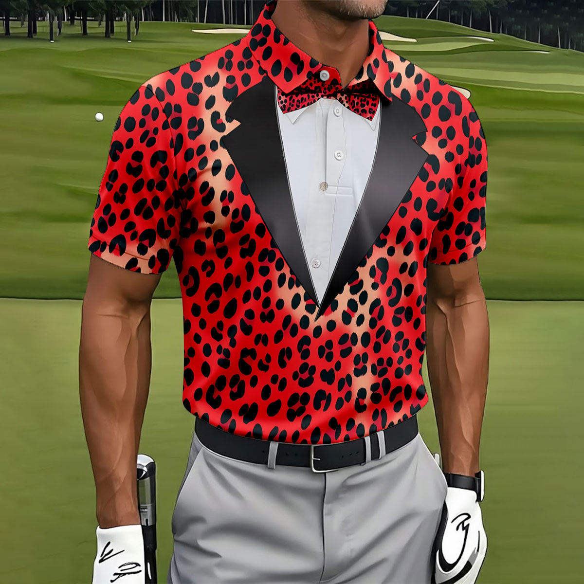 Red Leopard Funny Costume Hawaiian Golf Shirt, Polo Shirts For Men, Golf Shirts For Men