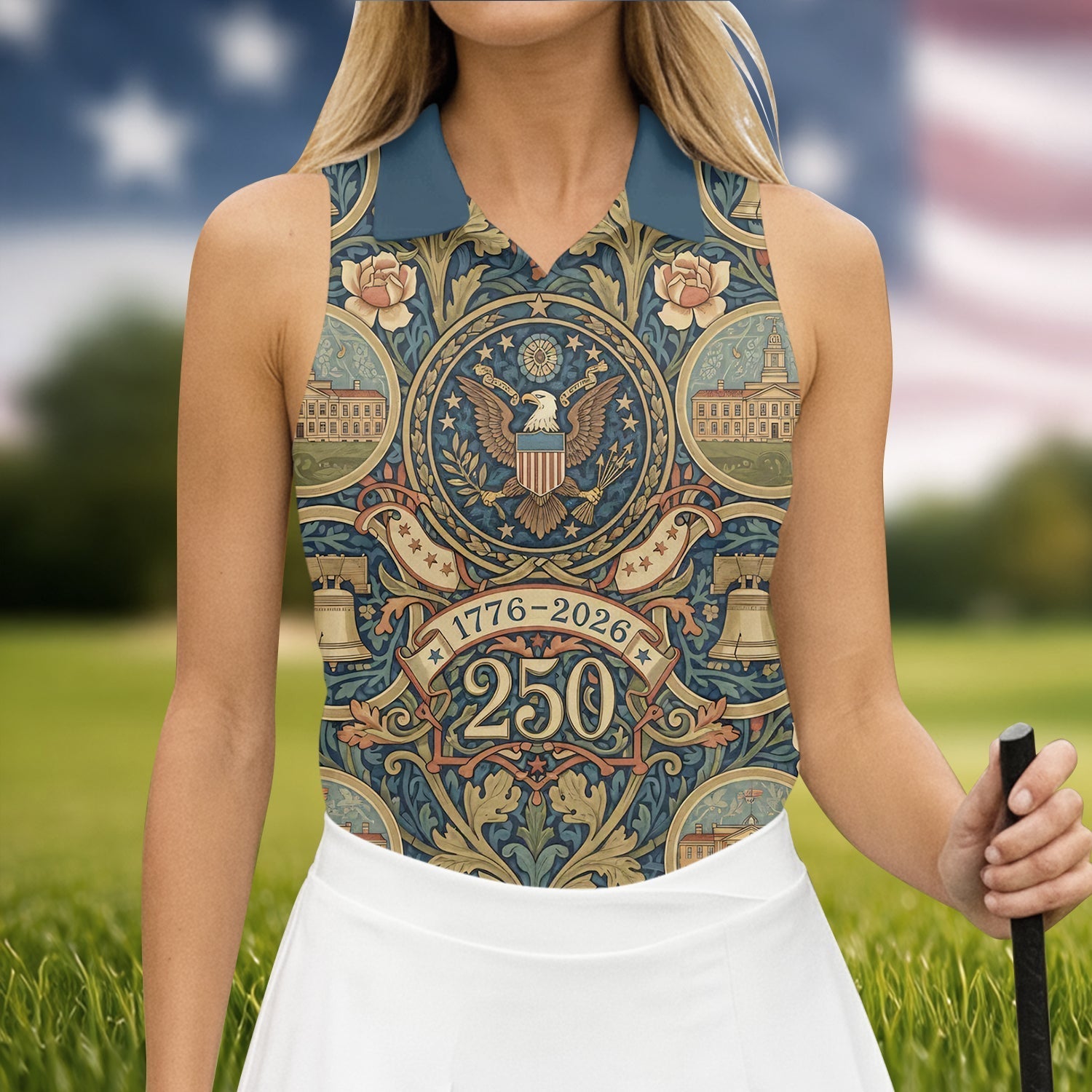 250th Anniversary Semiquincentennial American Landmarks Floral Golf Shirt, Golf Shirt For Women, Patriotic Golf Shirt