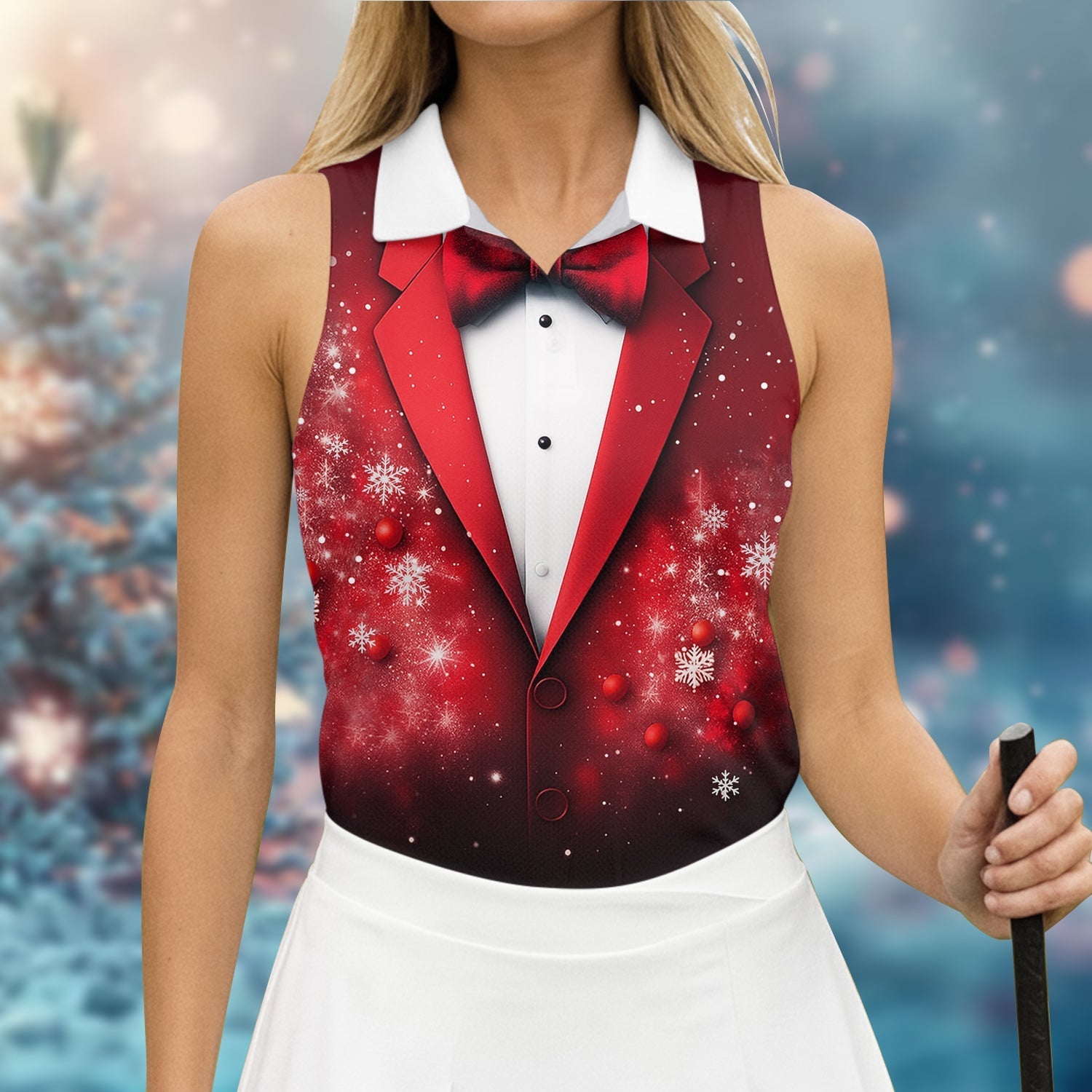 Black And Red Christmas Glitter Print Women Golf Top, Christmas Golf Shirt, Ladies Golf Tops
