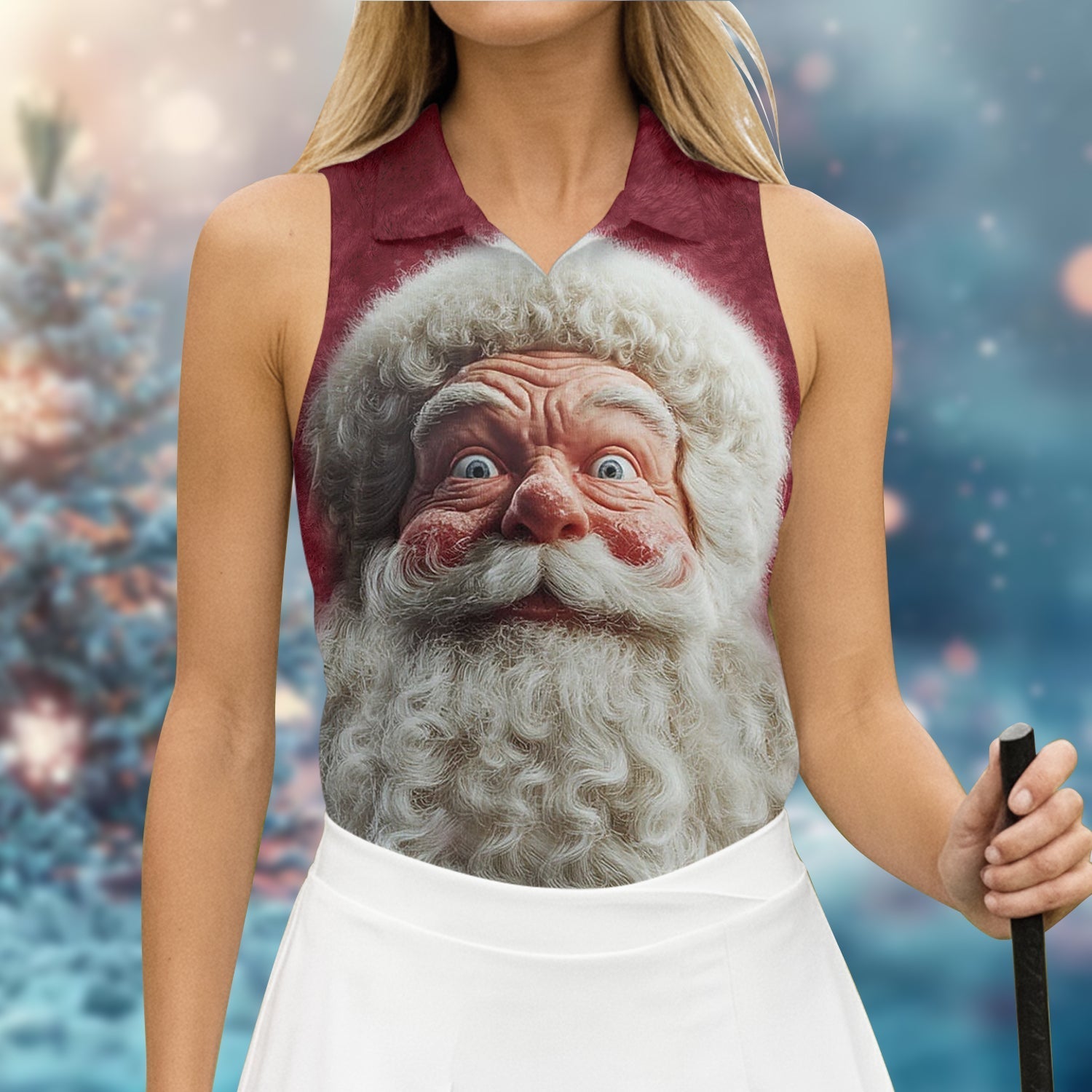Santa Claus Face Funny Holiday Vintage Print Women Golf Top, Christmas Golf Shirt, Ladies Golf Tops