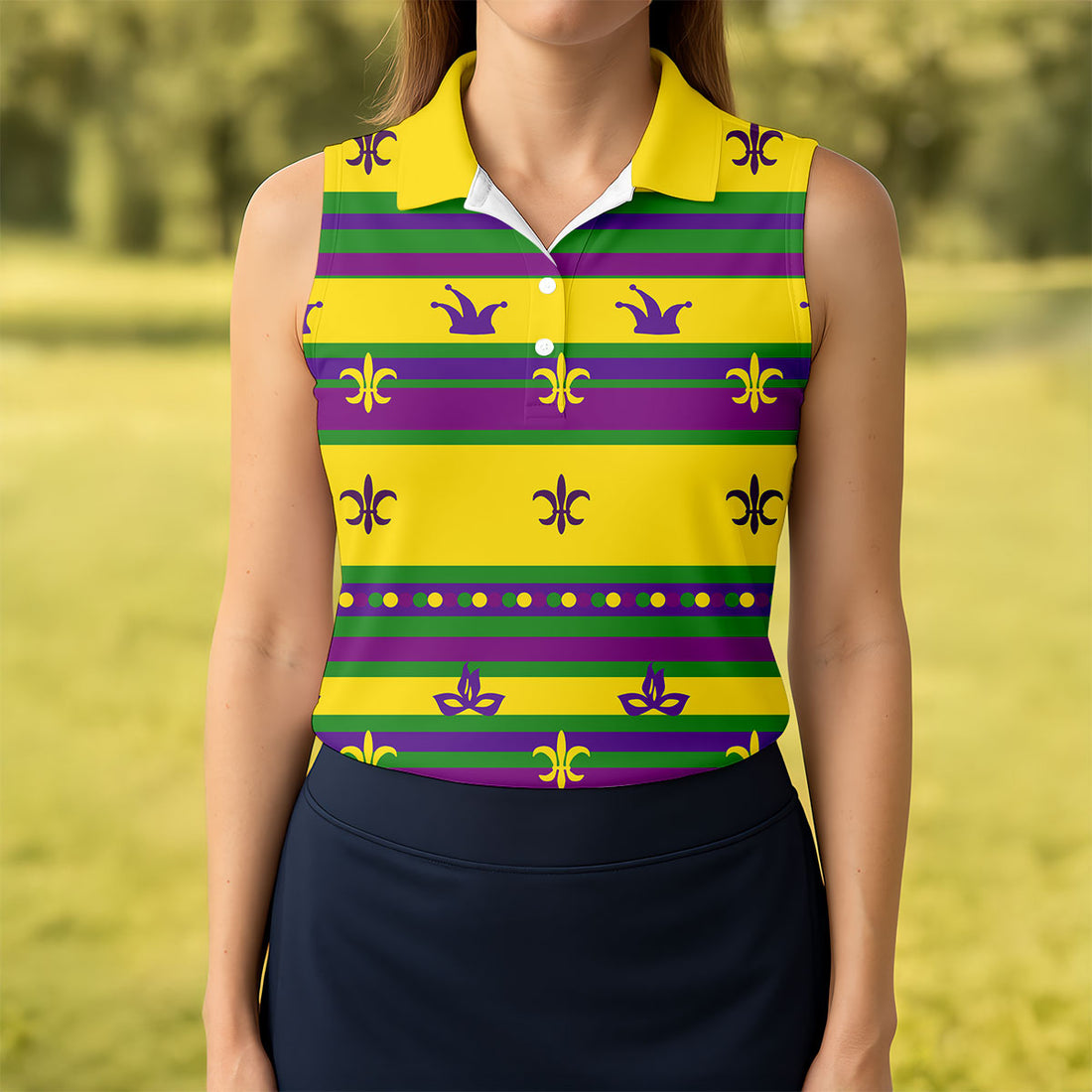 Mardi Gras Fleur De Lis Purple Green Gold Horizontal Stripes Women's Golf Shirts, Ladies Golf Polos