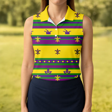 Mardi Gras Fleur De Lis Purple Green Gold Horizontal Stripes Women's Golf Shirts, Ladies Golf Polos