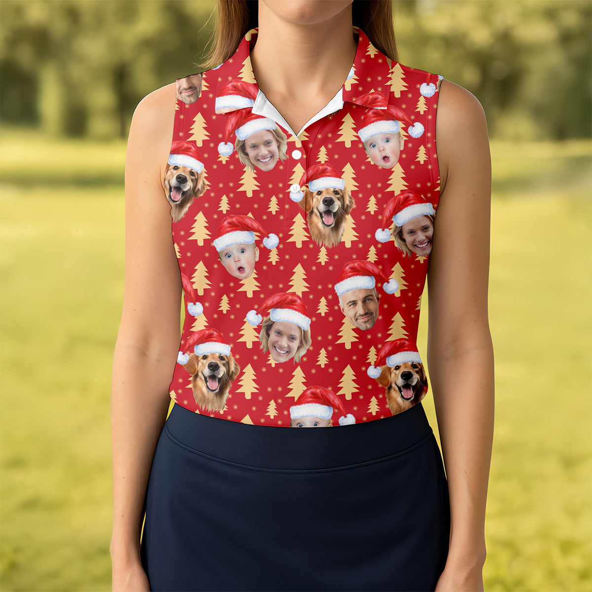 Custom Face Golden Pine Tree Red Golf Shirt, Christmas Golf Shirt, Ladies Golf Shirts, Golf Gifts For Women
