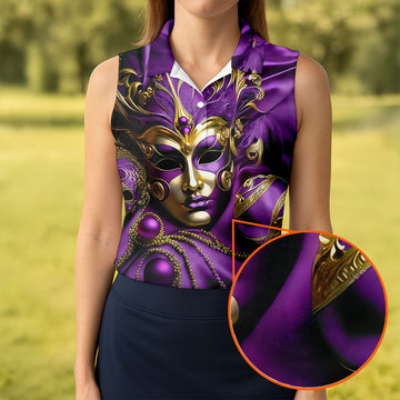 Mardi Gras Face Mask Purple Golf Shirt, Women's Golf Tops, Ladies Golf Polos, Women's Polo Shirt