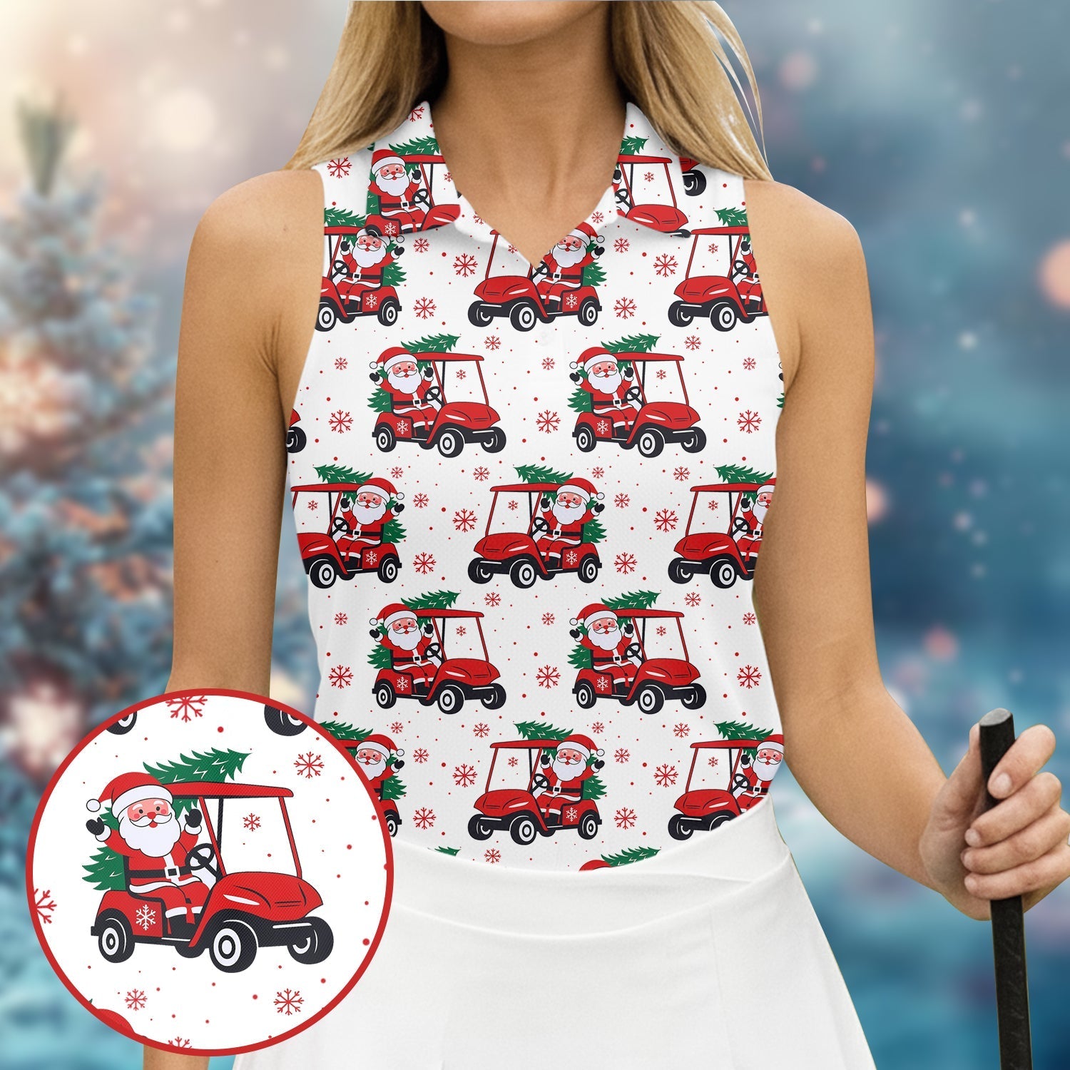 Santa Claus Golf Cart Christmas Golf Shirt, Women's Golf Tops, Ladies Golf Shirts, Golf Gift For Ladies