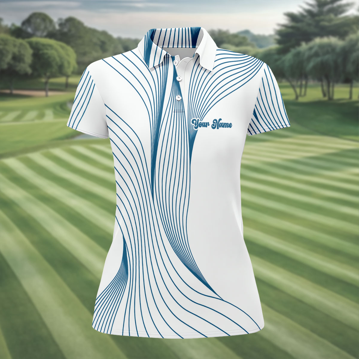 Geometric Line Wavy Line Blue And White Custom Name Women's Golf Tops, Ladies Golf Shirts, Women's Polo Shirt