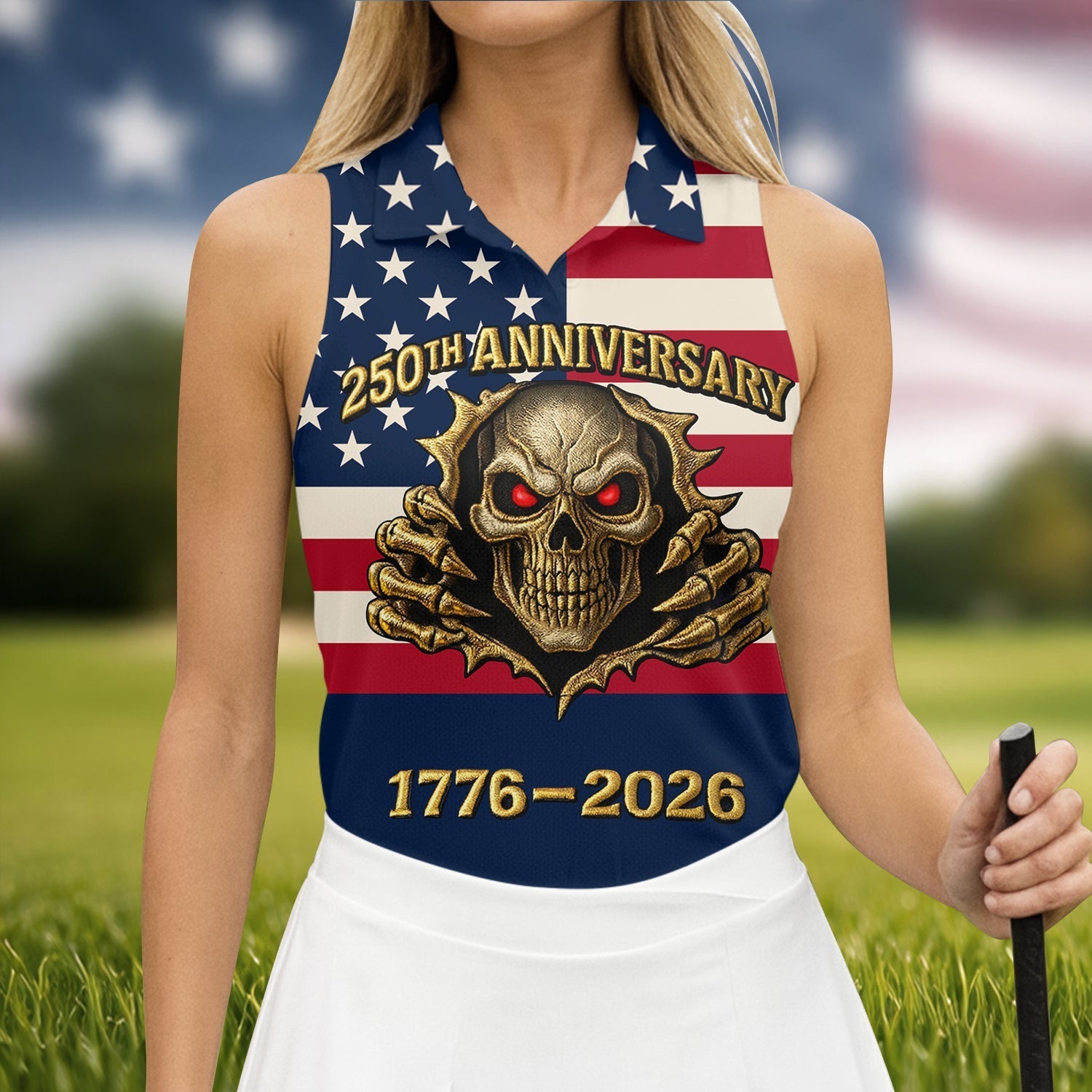 Patriotic American Flag Cool Skull 250th Anniversary Women's Golf Tops, Ladies Golf Shirts, Golf Gift For Ladies